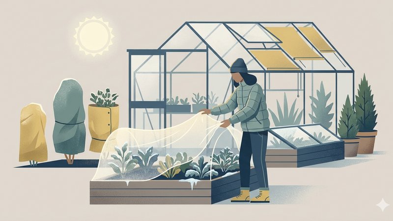 Современная иллюстрация для статьи о выборе солнцезащиты для зимнего сада, 2026 год.